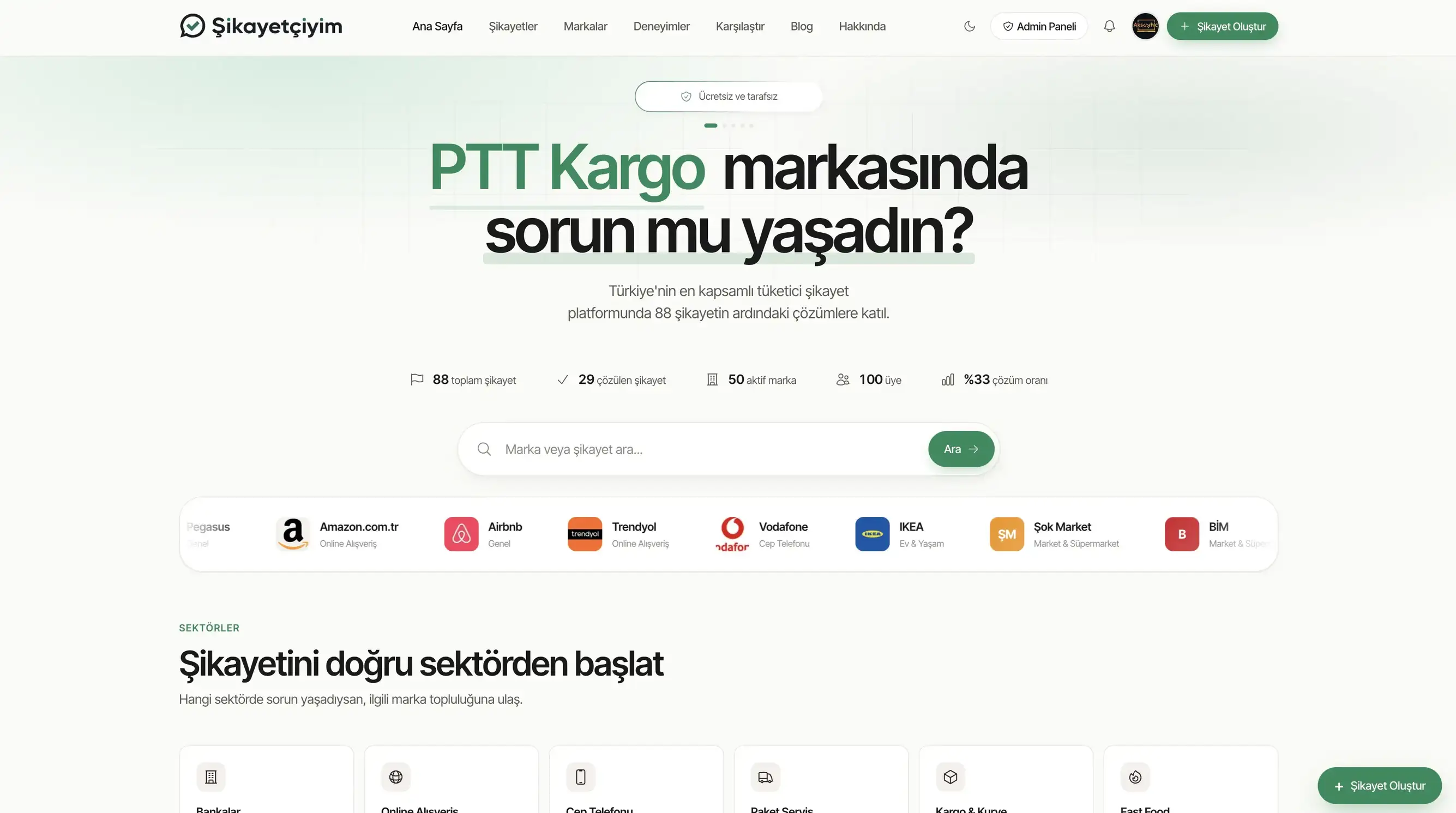 Ana sayfa, marka arama ve sektör ekranı