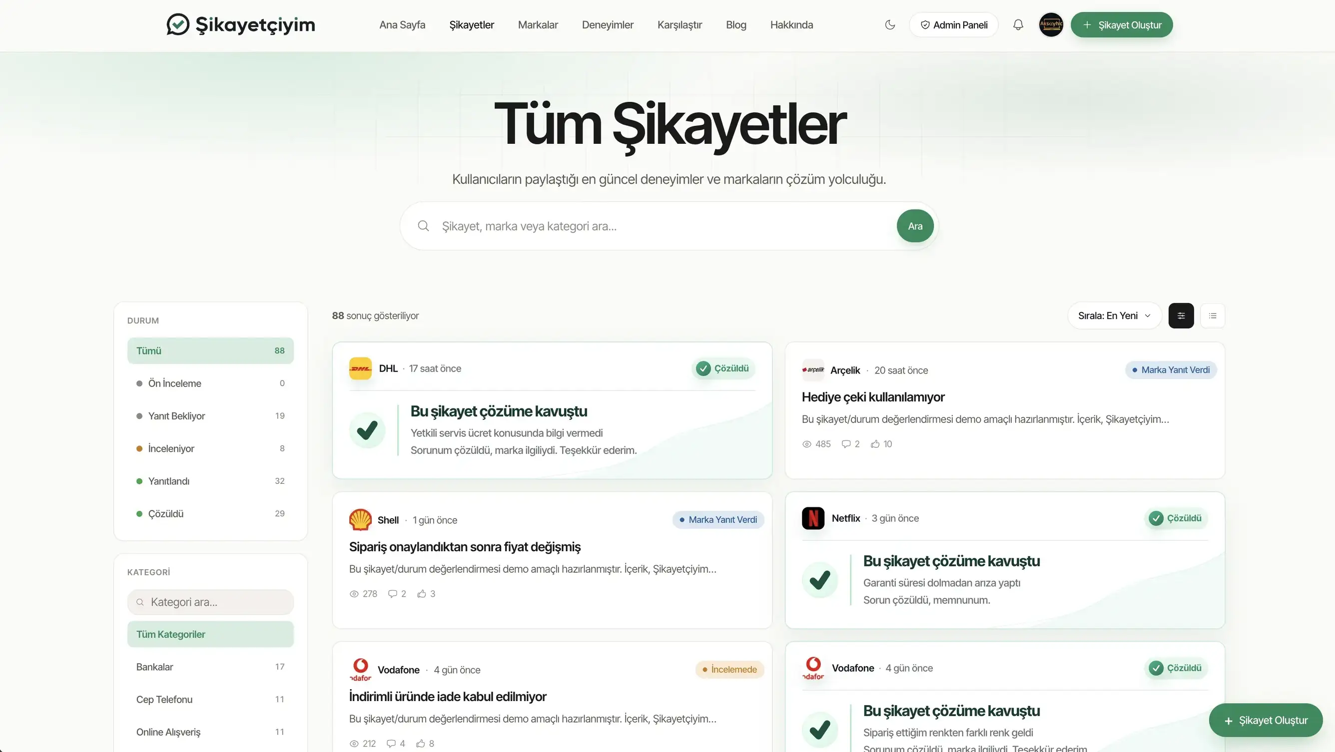 Tüm şikayetler, filtre ve liste ekranı