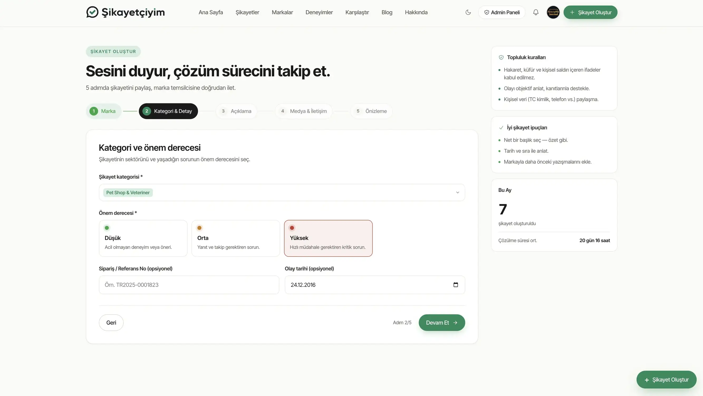 Şikayet oluşturma adım formu
